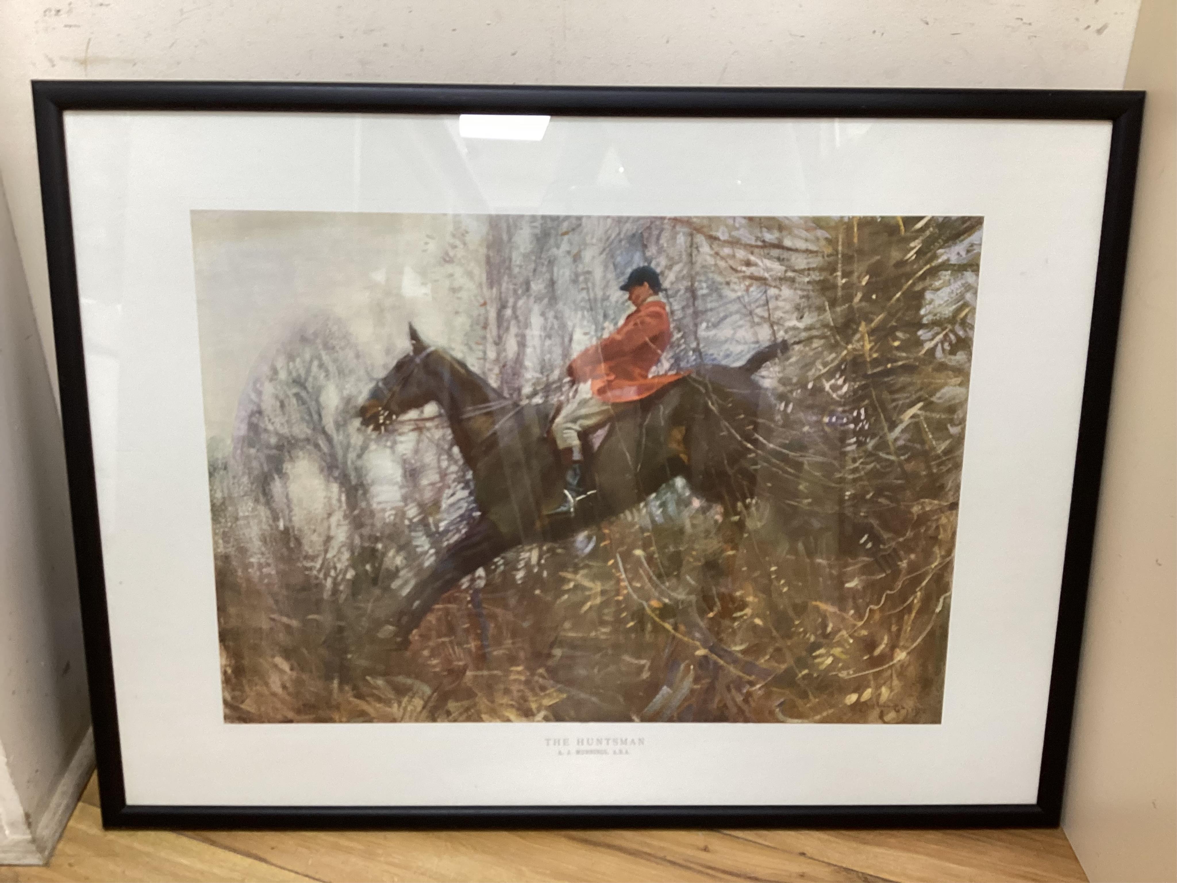 Four hunting interest prints after Snaffles, Munnings and Aldin to include ‘The Finest View in Europe’ and ‘The Huntsman’, largest 54 x 74cm